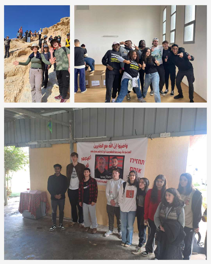 Photos of students on a hike, hugging in a classroom, and in front of a poster