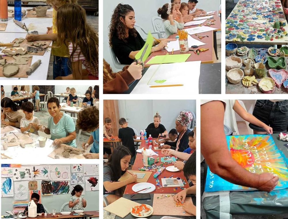 a collage of people in the art center engaging in art projects