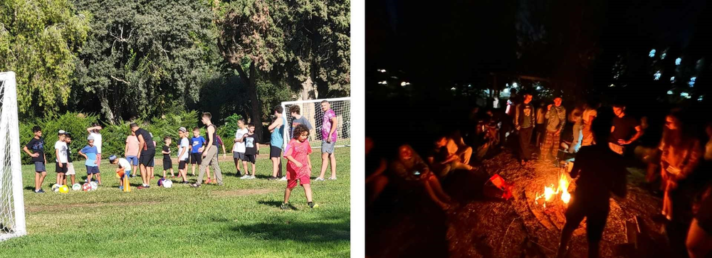left image of 15 children of varying ages playing soccer, right image of children around a campfire