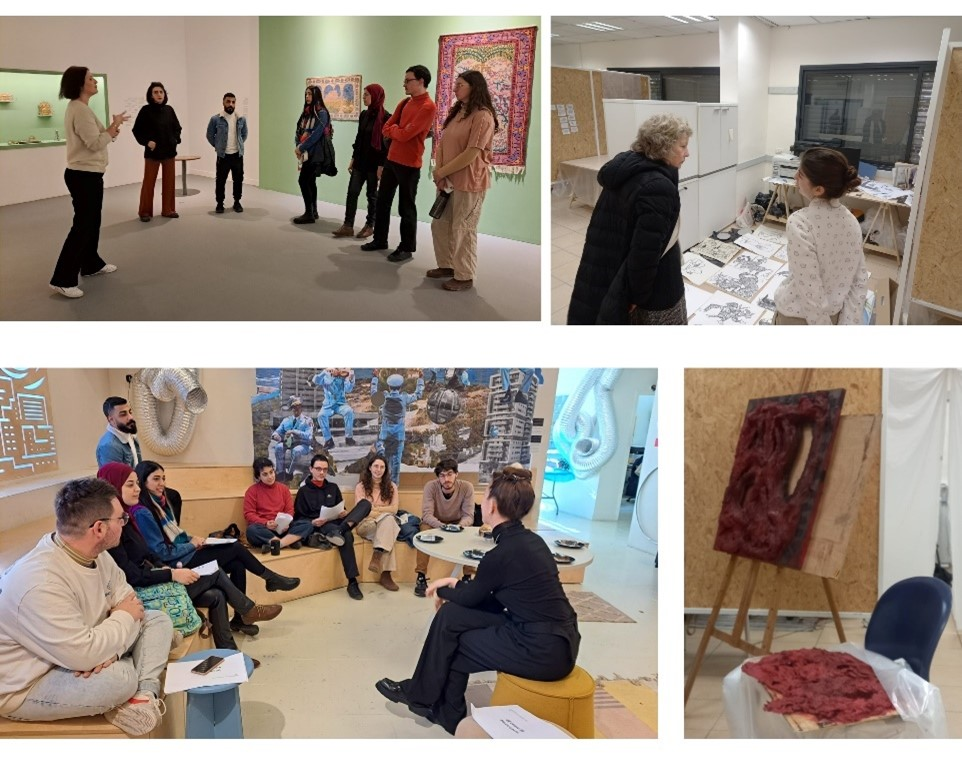 Artists in the Residency program in the studio, art galleries, and chatting with mentors