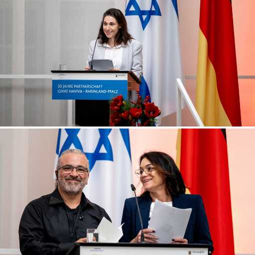 Top: Michal Sella in a grey blazer and white shirt standing at a podium speaking, Bottom: Dikla Tomer Kayal and Ihab Haskiya both in dark shirts at the podium